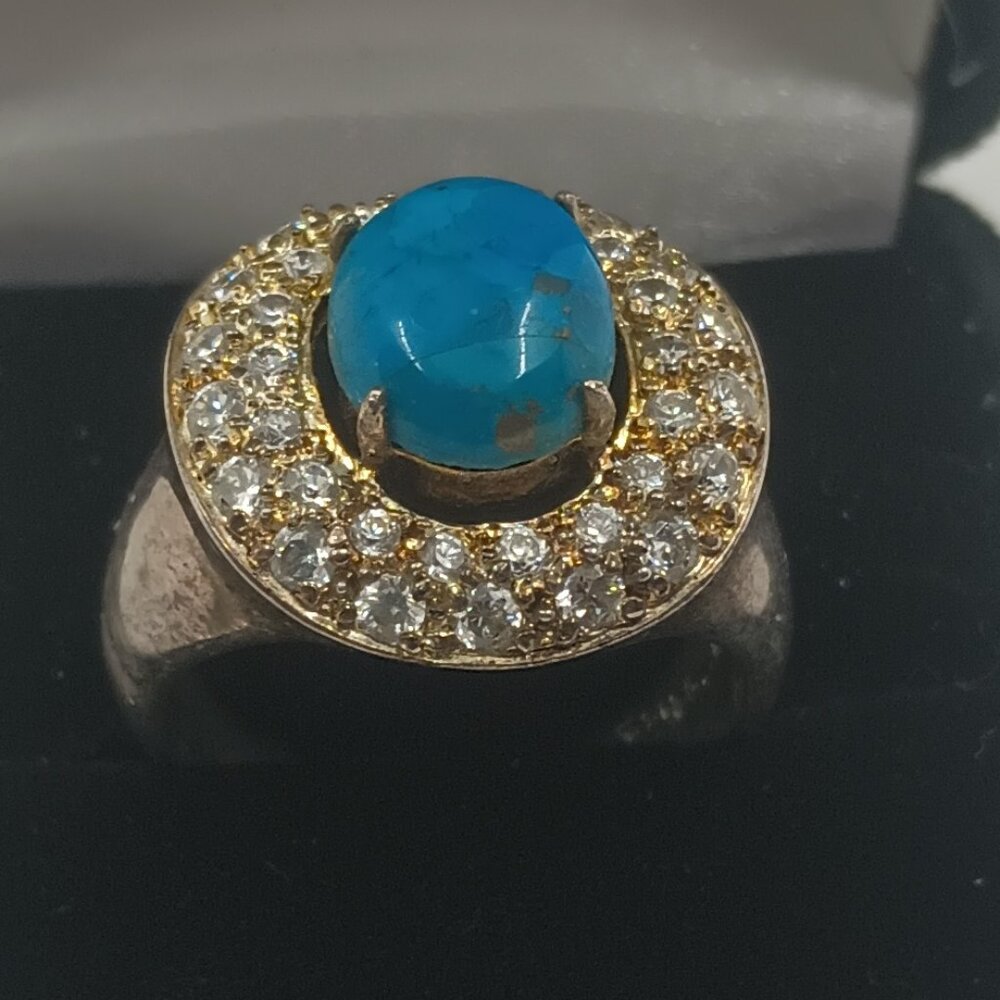 925 Sterling Silver Turquoise Cabochon and CZ Ring. SZ 10.